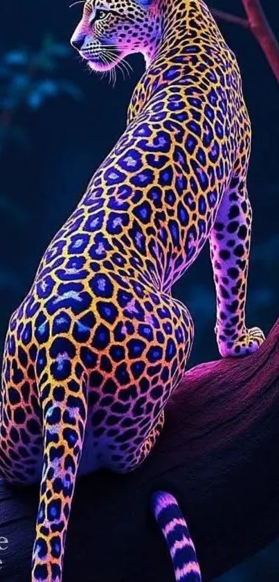 Neon leopard perched on tree in vibrant colors.