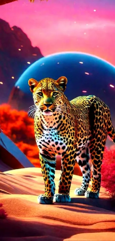 Neon leopard in vibrant fantasy landscape, digital artwork.