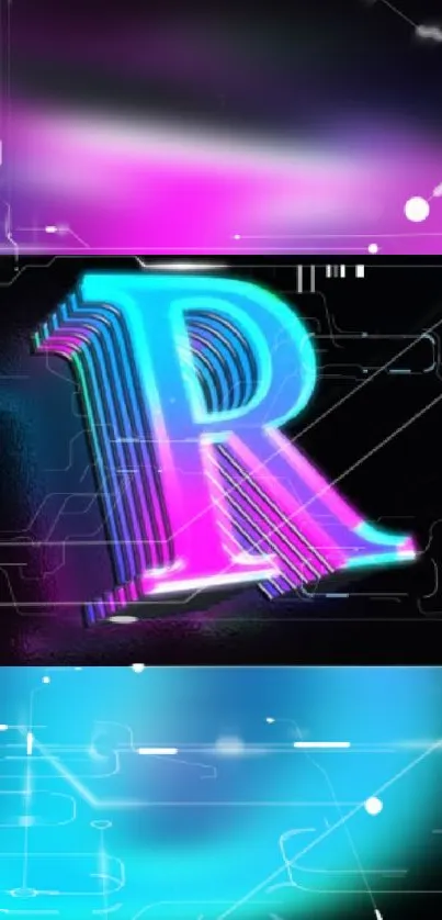 Neon letter R with pink and blue glowing hues on dark background.