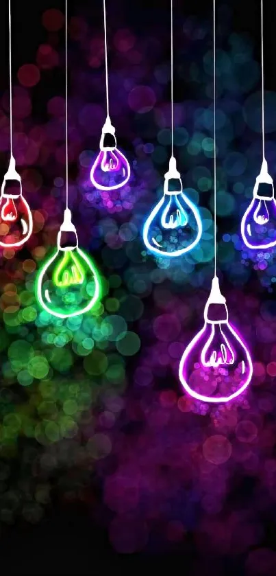 Mobile wallpaper with vibrant neon light bulbs and colorful bokeh effects.