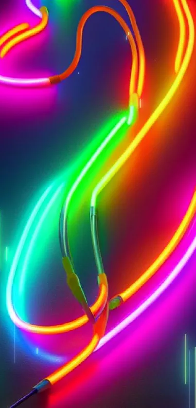 Curved vibrant neon lights in pink, orange, green, and blue on a dark background.