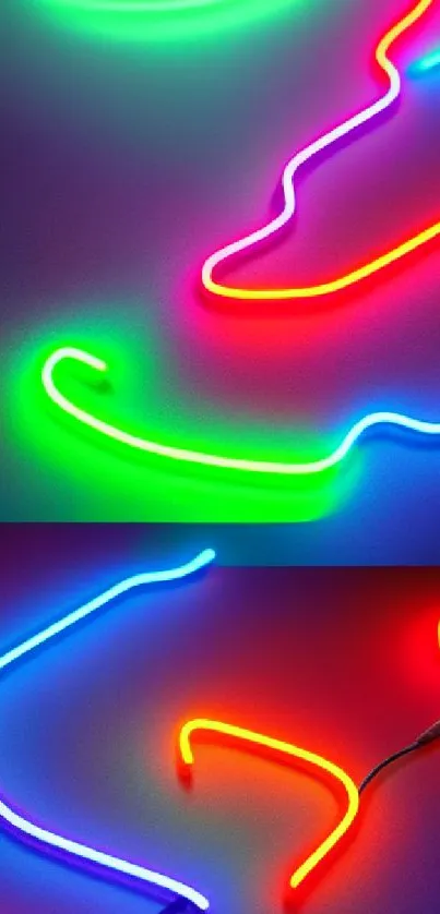 Vibrant neon lights with colorful, glowing lines on a dark background.