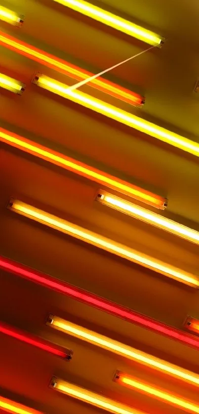 Vibrant diagonal neon lights in red, yellow, and orange hues for a colorful display.