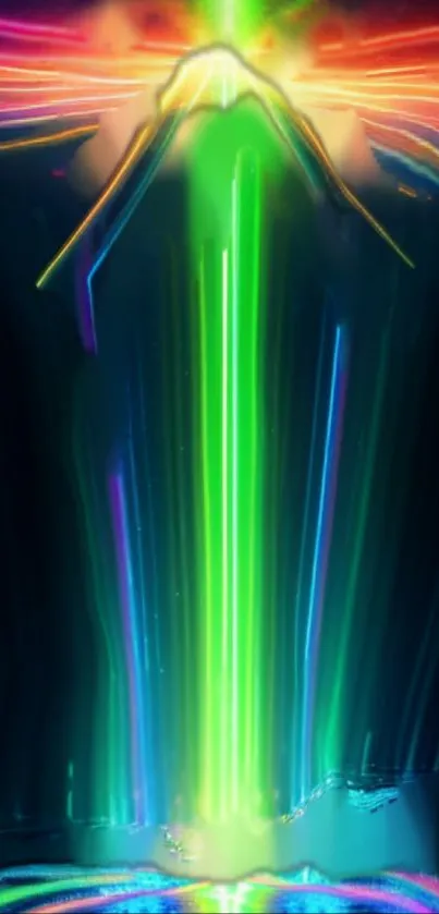 Colorful neon light beams on dark background.