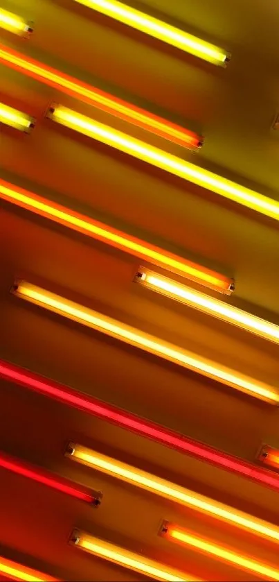 Diagonal orange and red neon light bars on dark background.