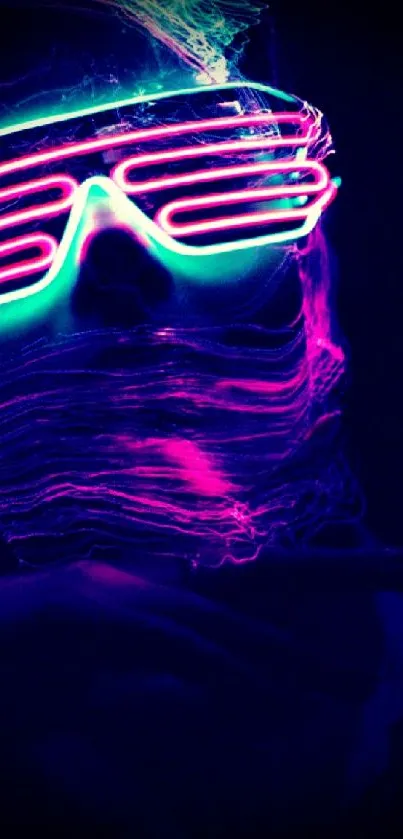 Vibrant neon light portrait of a person wearing glowing glasses.