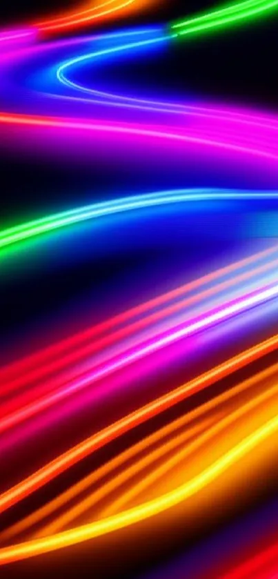 A vibrant neon wallpaper with colorful light streaks on a dark background.