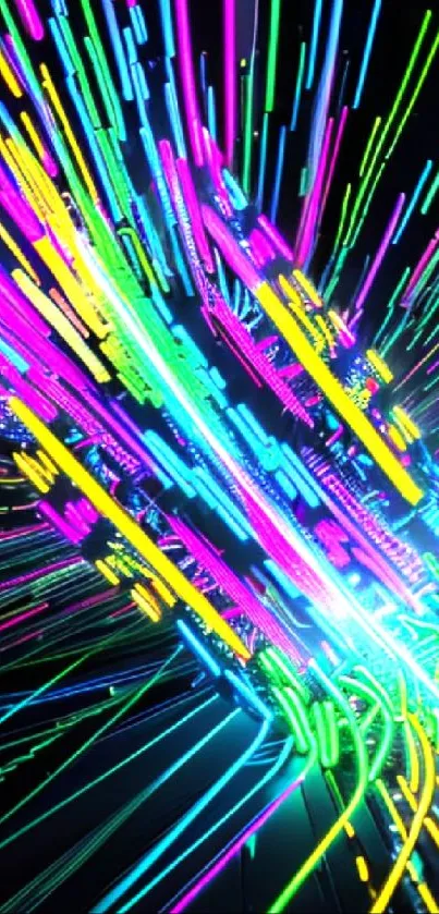 Dynamic neon light streaks in vibrant colors on a black background.