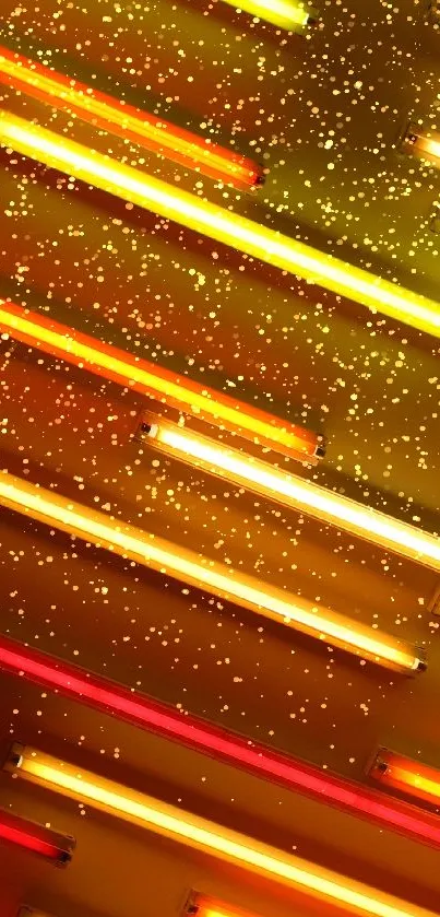 Neon streaks of orange, yellow, and red lights against a dark background.