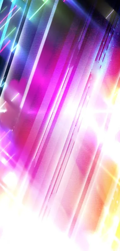 Vibrant neon light streaks in pink, blue, and yellow on a mobile wallpaper.