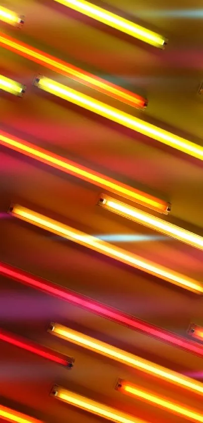 Vibrant neon light stripes in orange, yellow, and red hues on dark background.