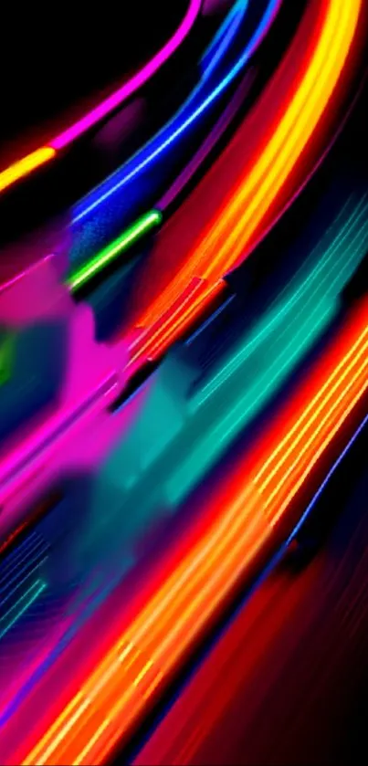 Dynamic wallpaper with vibrant neon light trails on a black background.