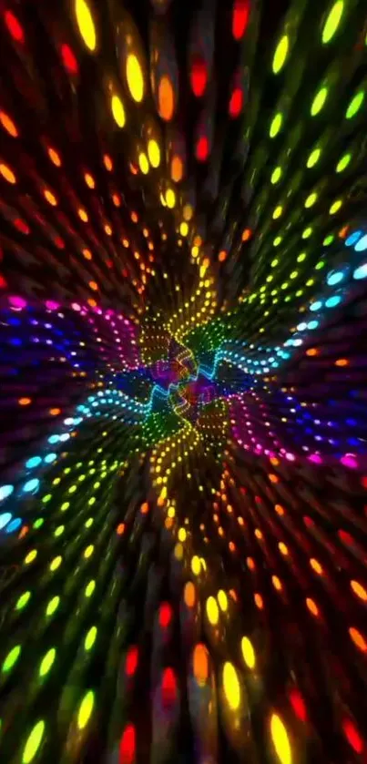 Vibrant neon light tunnel with colorful patterns.