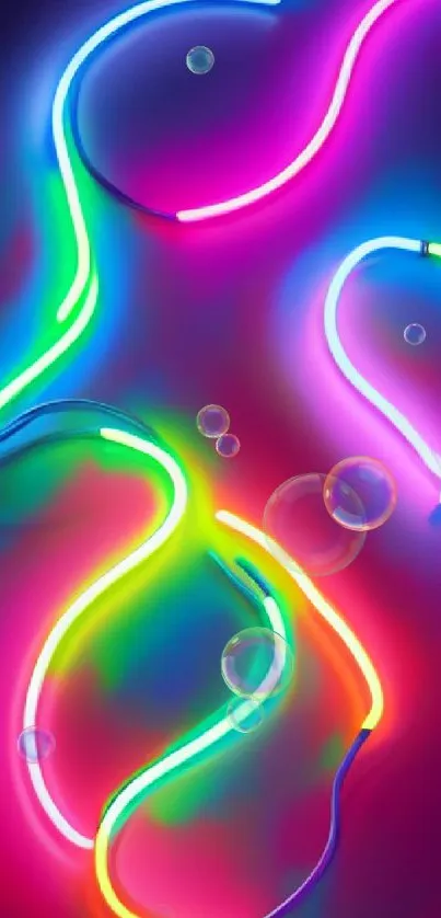 Vibrant neon lights in pink, green, yellow, and blue on a dark background.