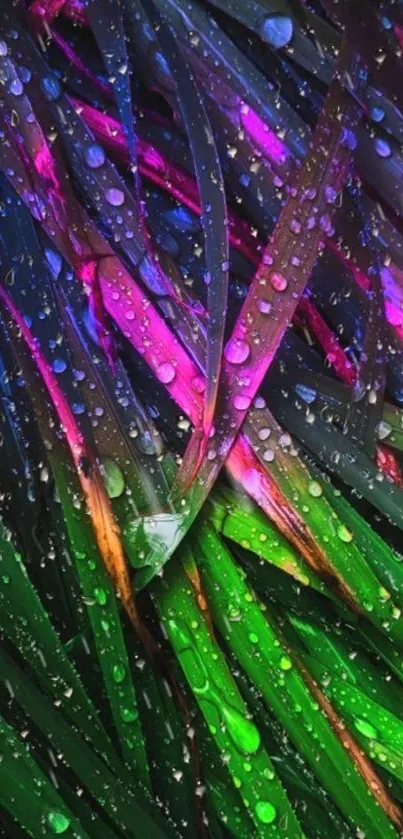 Vibrant neon colored leaves with water droplets.