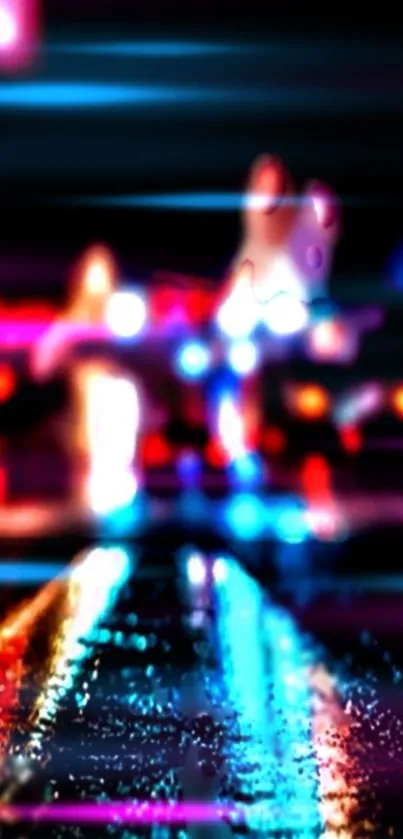 Vibrant neon lights create a blurred urban cityscape ambiance.