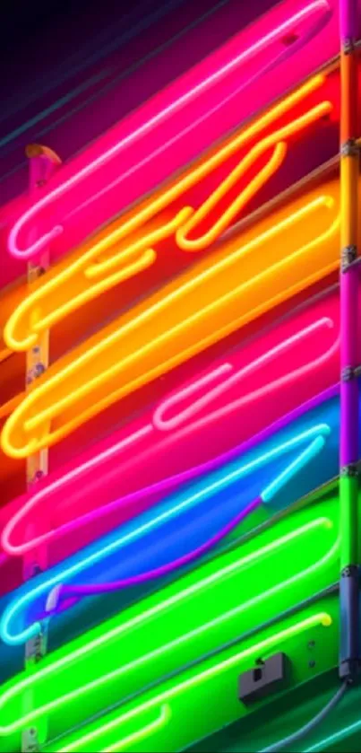 Vivid neon lights creating colorful waves on a mobile wallpaper.