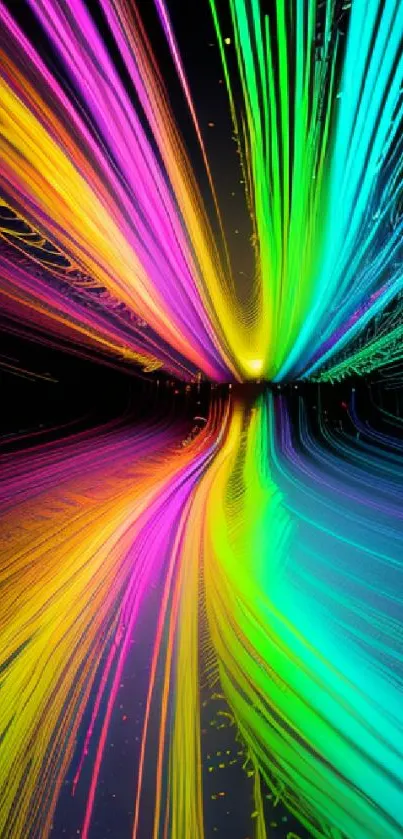 Abstract vibrant neon lines in rainbow colors on a dark background.