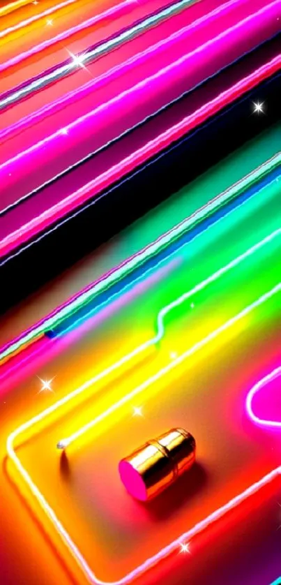 Vibrant neon lines in pink, orange, and green on a dark background.