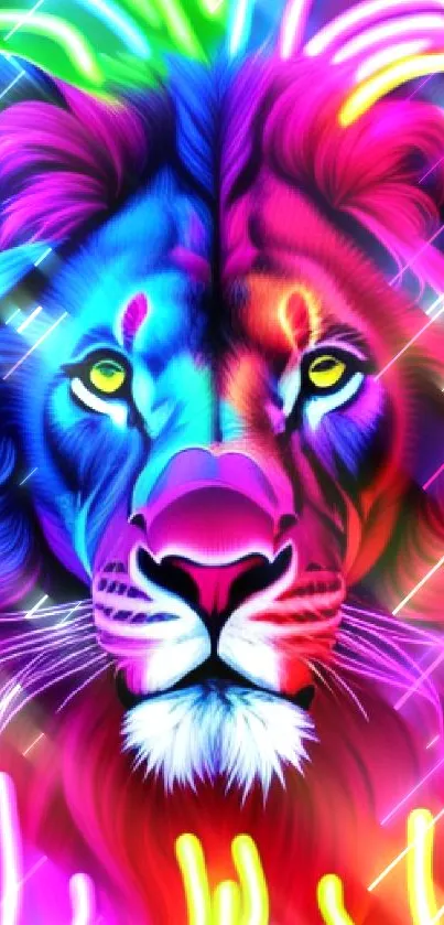 Vibrant neon lion art with colorful glowing mane.