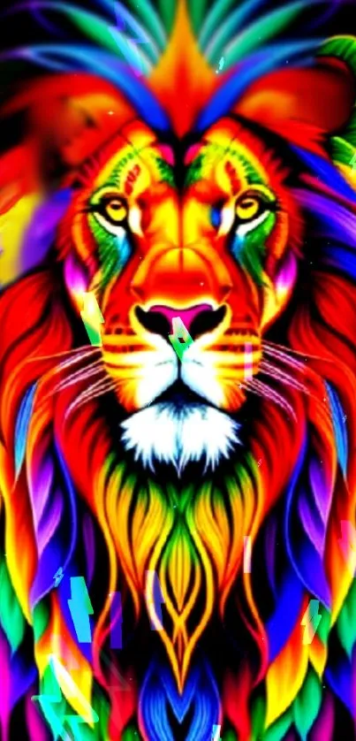 Vibrant neon lion art with colorful design.