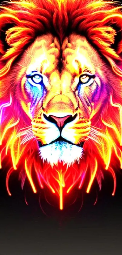 Neon lion art with vibrant colors on black background.