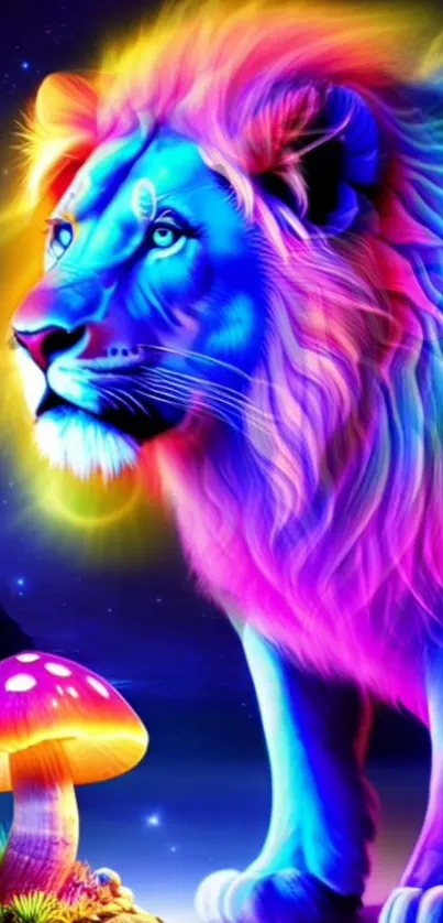 Vibrant neon lion with colorful mane beside glowing mushroom.