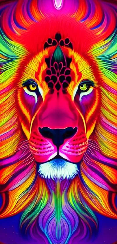 Vibrant neon-colored lion illustration in vivid art style.