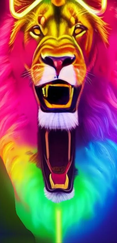 Vibrant neon lion wallpaper with rainbow colors.