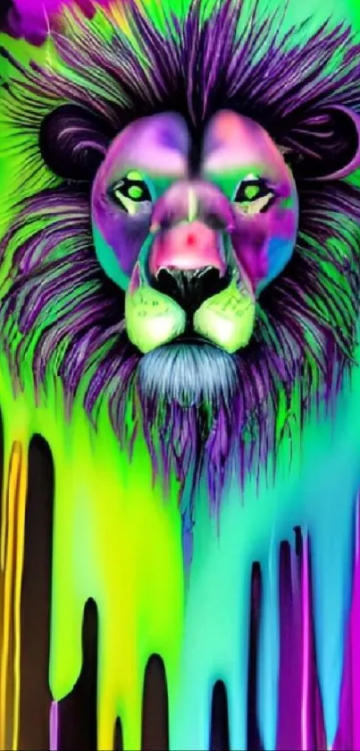 Vibrant neon lion with abstract colors in dripping paint style.