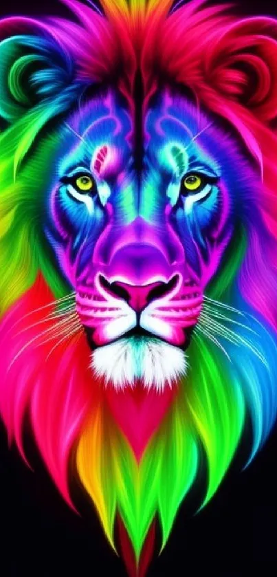 Colorful neon lion wallpaper with vibrant rainbow mane.