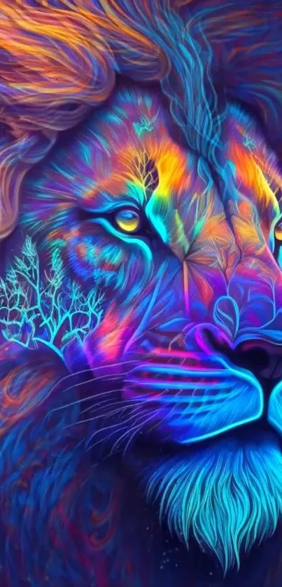 Vibrant neon lion art wallpaper with bright colors and intricate details.