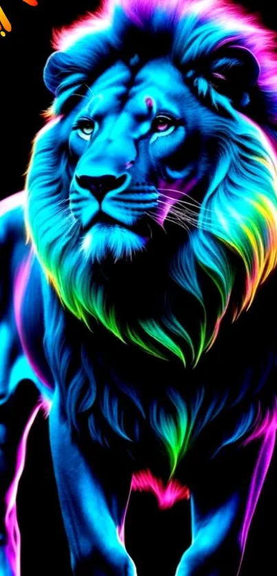 Bright neon lion artwork on a black background.