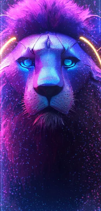 Vibrant neon lion digital art with glowing lights and vivid colors.