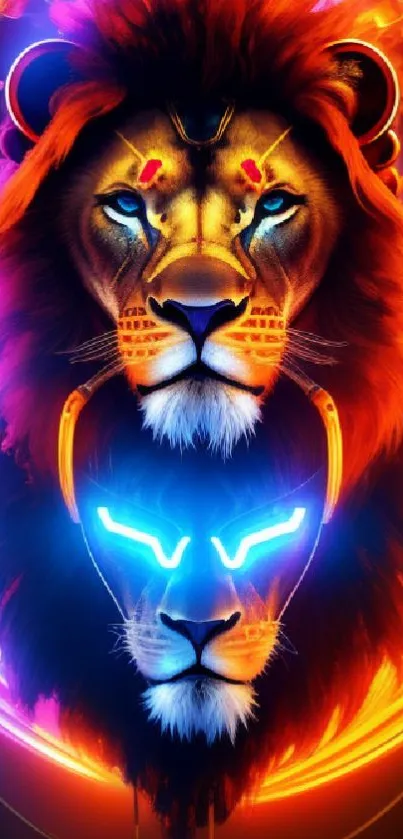 Vibrant neon lion faces with bold, colorful design.