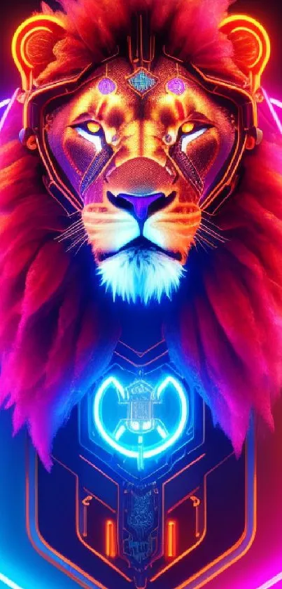 Futuristic neon lion artwork in vibrant hues for mobile wallpaper.