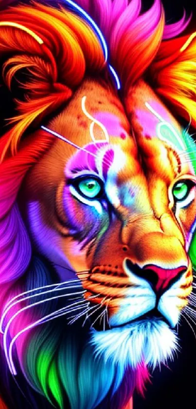 Vibrant neon lion artwork with colorful mane.