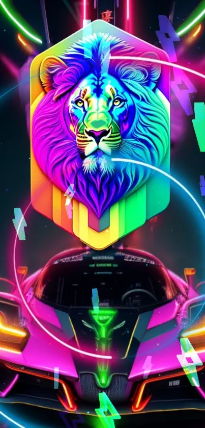 Neon lion and futuristic car wallpaper with vibrant colors.