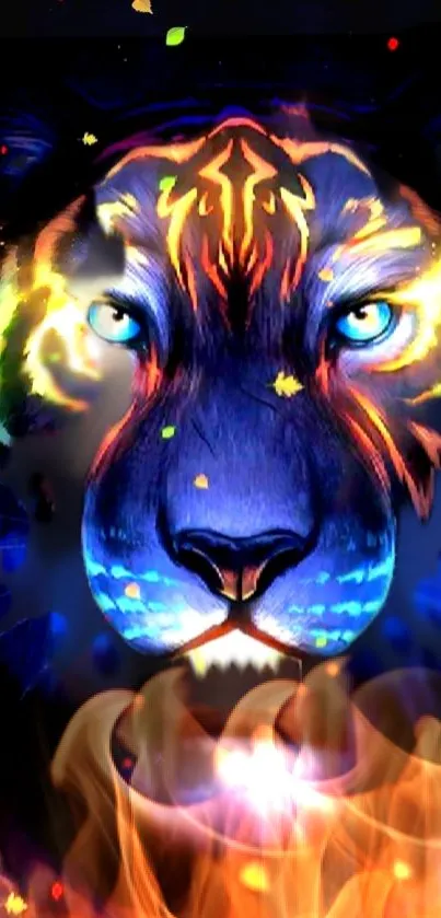 Vibrant neon lion with colorful glow and digital flames wallpaper.