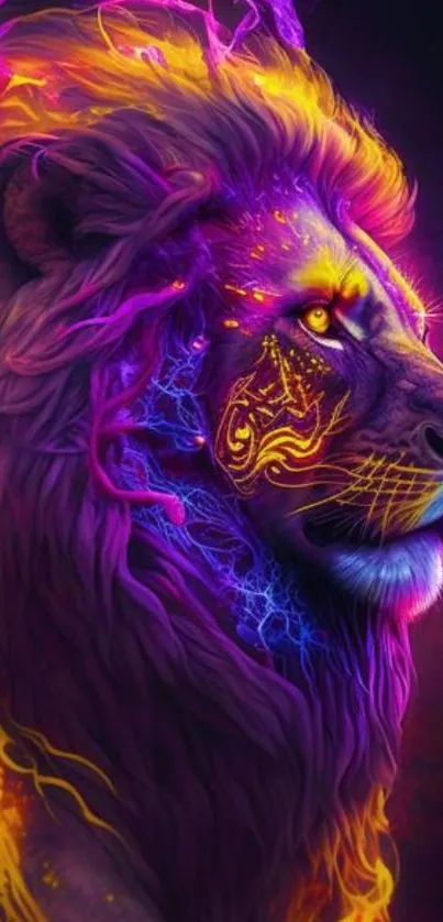 Vibrant neon lion with purple mane and glowing yellow accents.