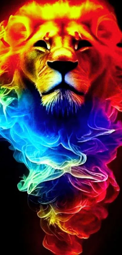 Colorful neon lion art with smoky effects on a black background.