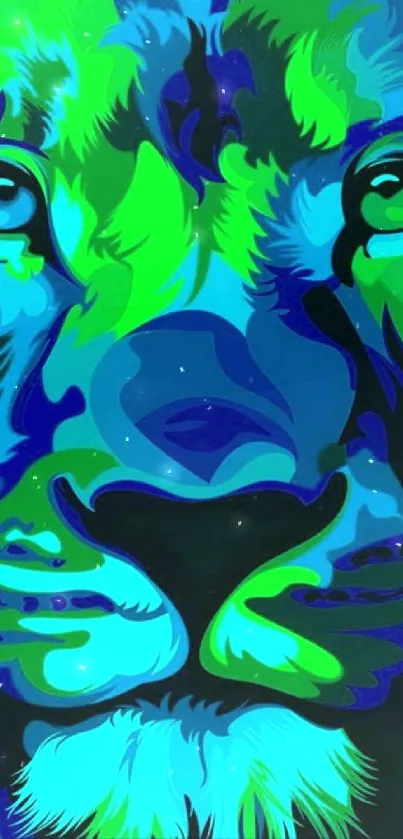 Vibrant neon lion illustration in blue and green hues on wallpaper.