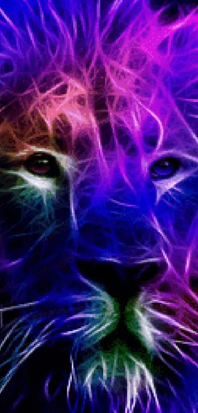 Vibrant neon lion on a dark background.