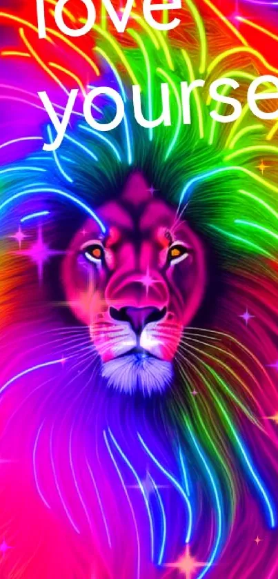 Vibrant neon lion wallpaper with 'love yourself' message.