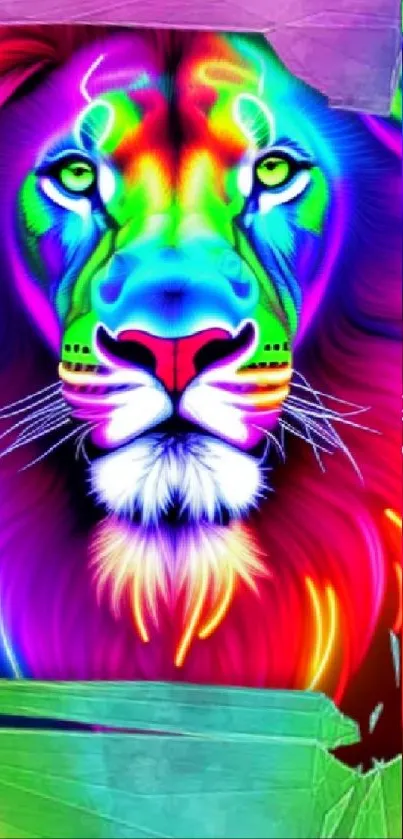 Vibrant neon lion art with colorful hues on a mobile wallpaper.