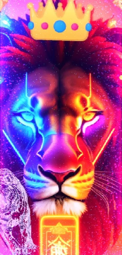 Vibrant neon lion art wallpaper with colorful lighting effects.