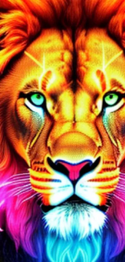 Neon lion digital art with vibrant colors.