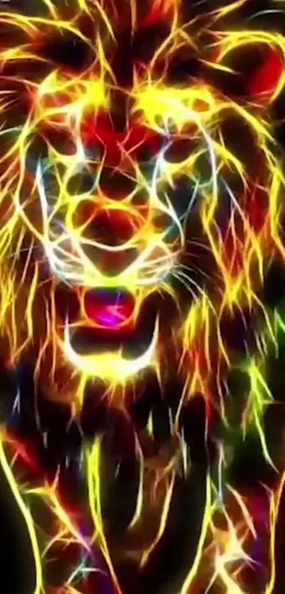 Vibrant neon lion art wallpaper on a black background.