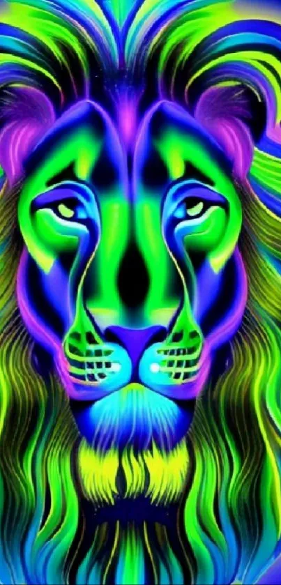 Vibrant neon lion art in electric blue and green tones for mobile wallpaper.