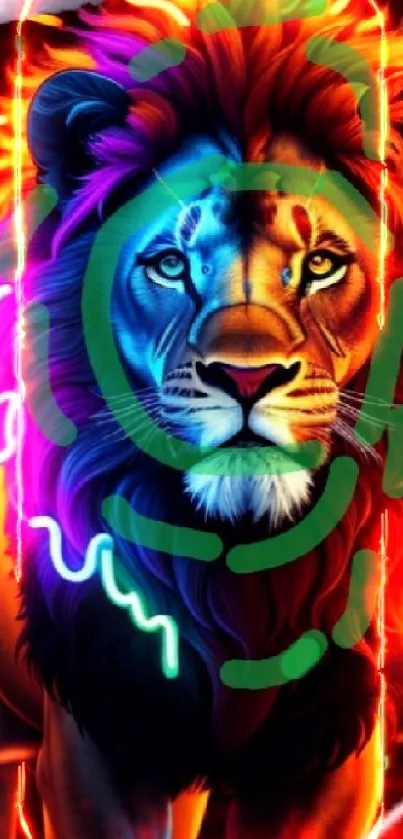 Vibrant neon lion with colorful mane art wallpaper.